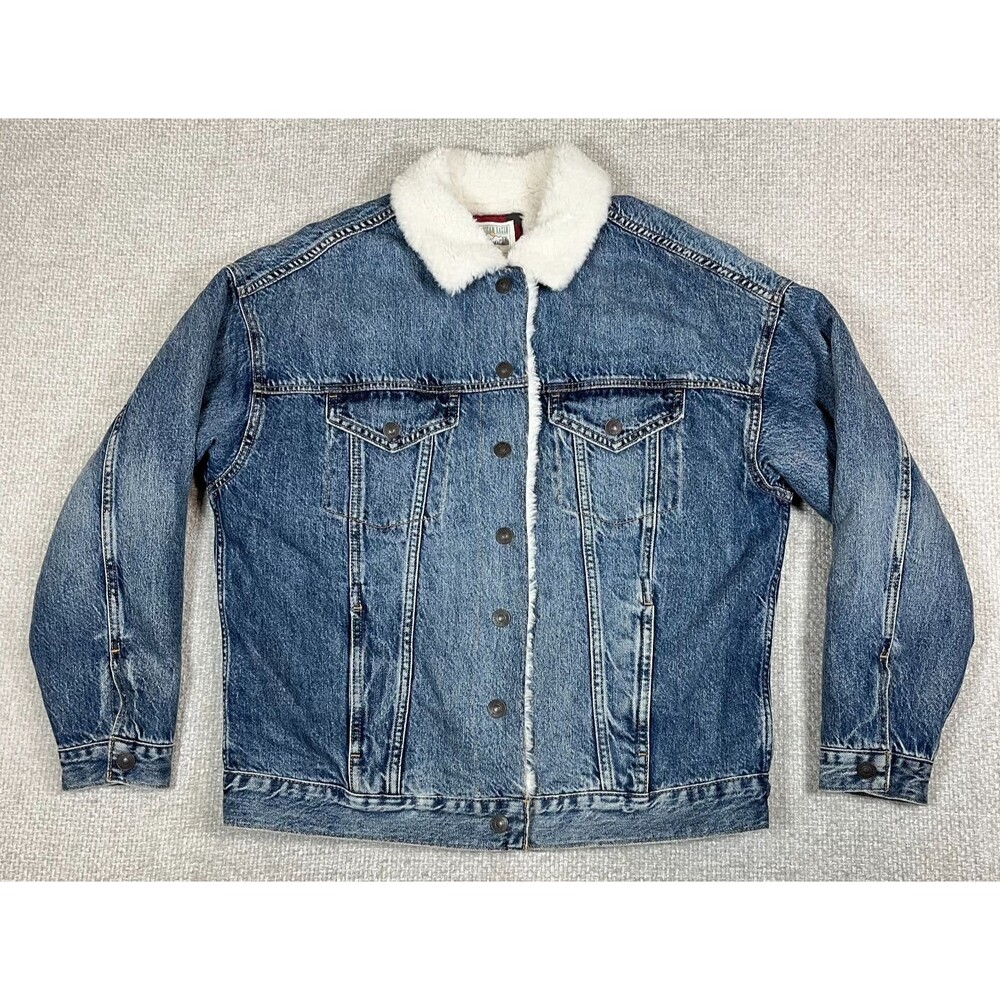 American Eagle Fur Lined Jacket Women's Medium Boyfriend Blue Denim Jean